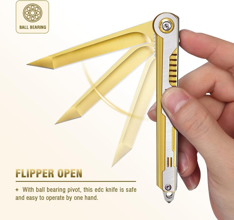 FUNBRO Cool Pocket Knife Gifts for Men, EDC Tanto Blade Folding Knives with Clip, Flipper Open Survival Knife with Window Breaker and Liner Lock for Outdoor Camping (Gold) - Image 4